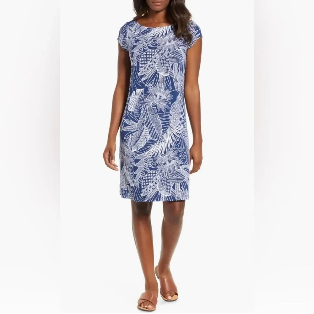 Tommy Bahama Lava Cove dress Sz M blue & white tropical print Vacation Comfy